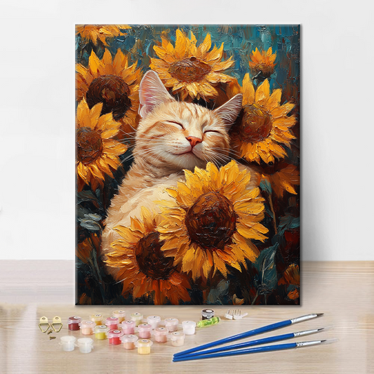 Chat avec Tournesols - Peinture par Numéros