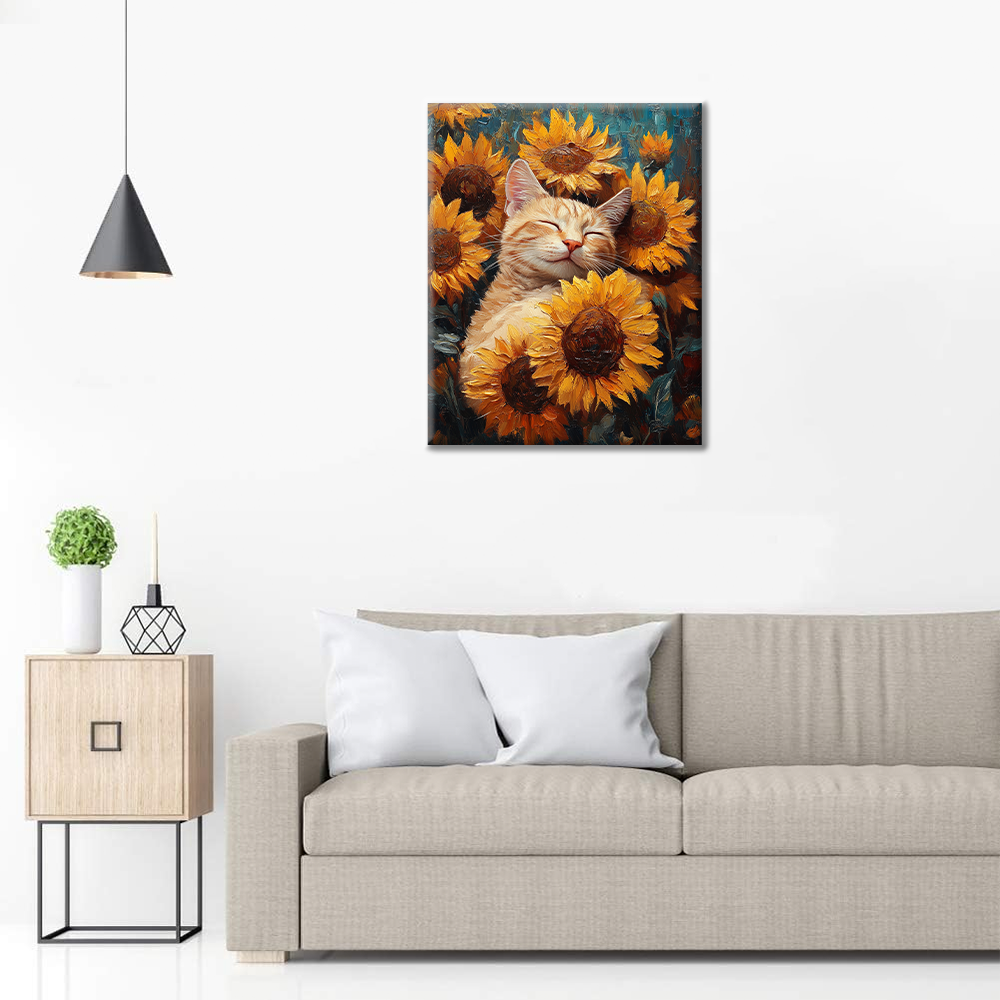Chat avec Tournesols - Peinture par Numéros