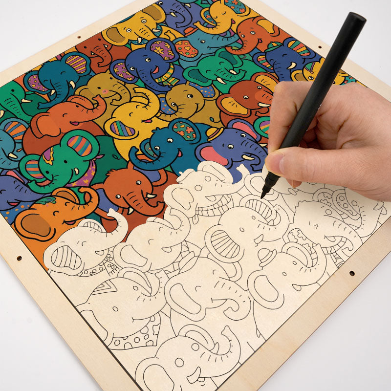Fête des éléphants - Puzzle en bois à colorier