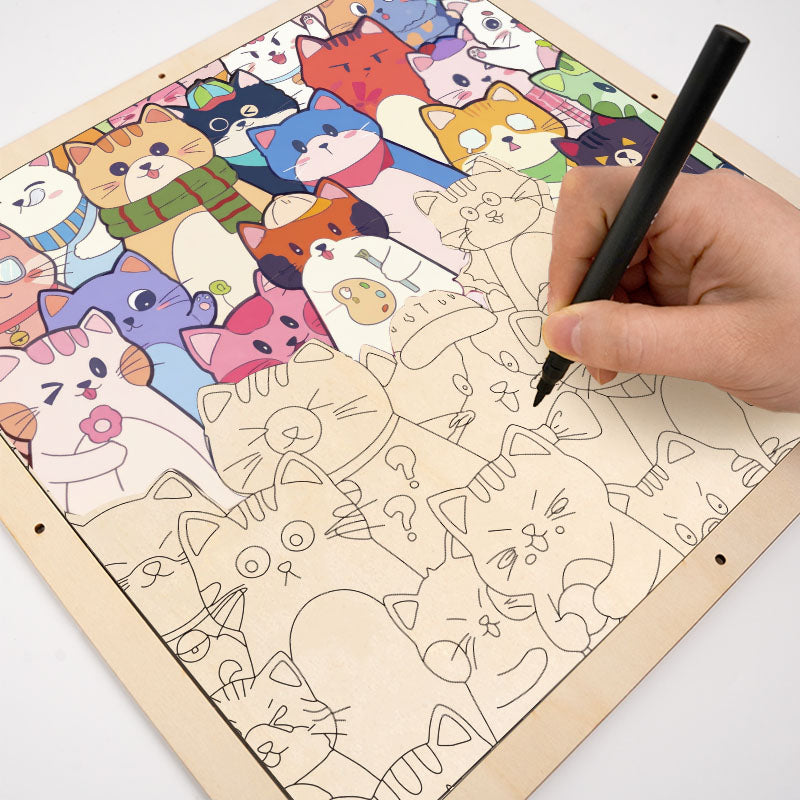 Chats fantaisistes - Puzzle en bois à colorier