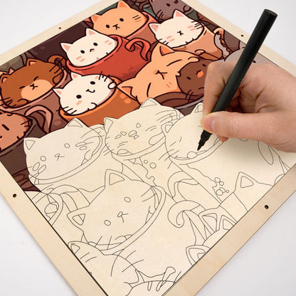 Chats dans des tasses - Puzzle en bois à colorier