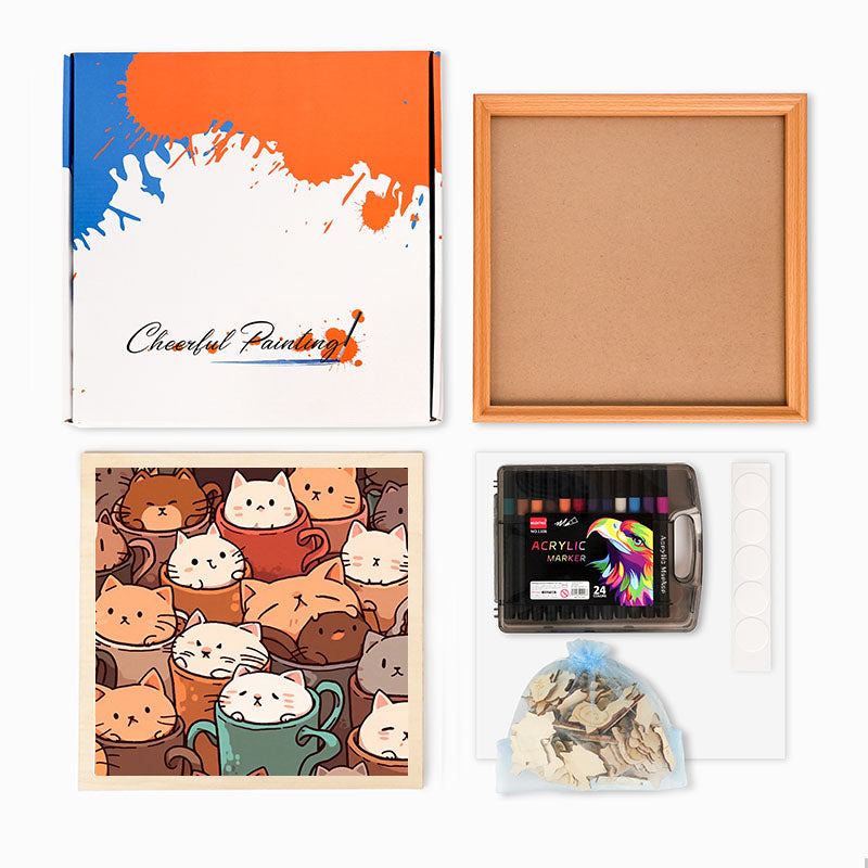 Chats dans des tasses - Puzzle en bois à colorier