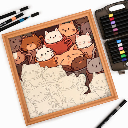 Chats dans des tasses - Puzzle en bois à colorier
