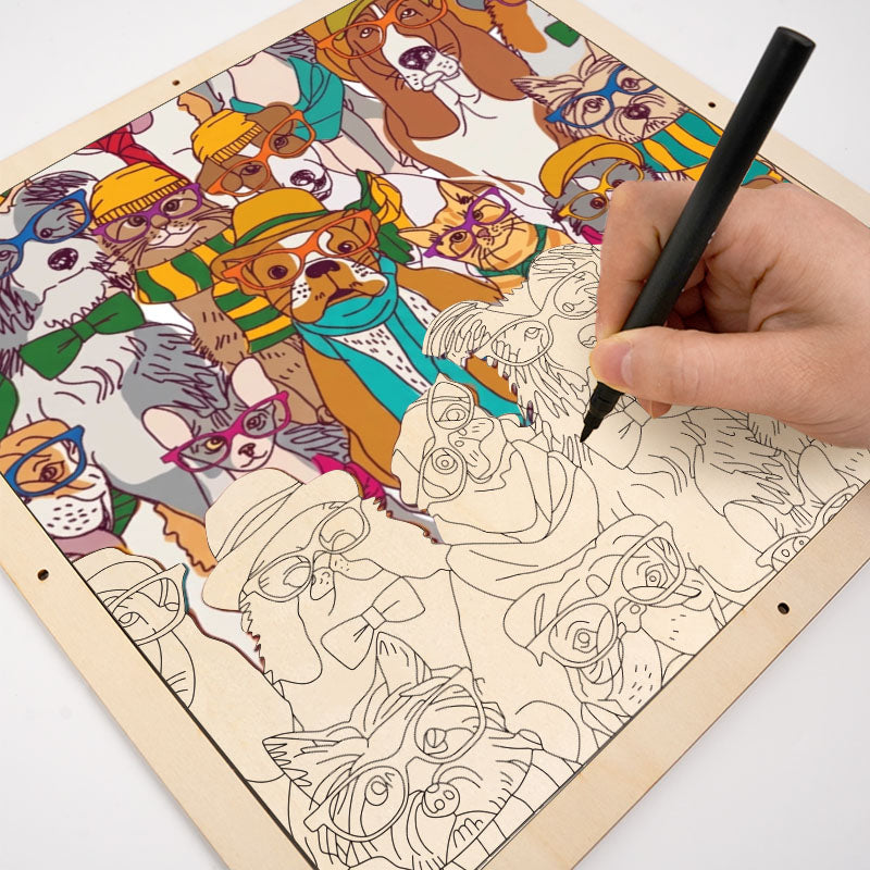 Chiens à lunettes - Puzzle en bois à colorier