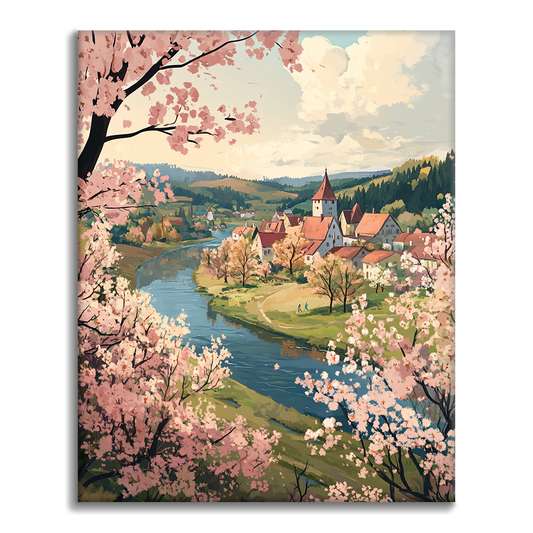 Village Fluvial Printanier - Peinture par Numéros