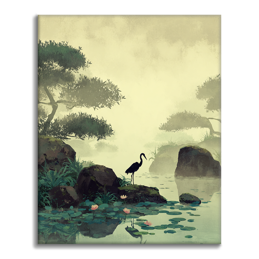 Grue près de l'étang aux lotus - Peinture par numéros