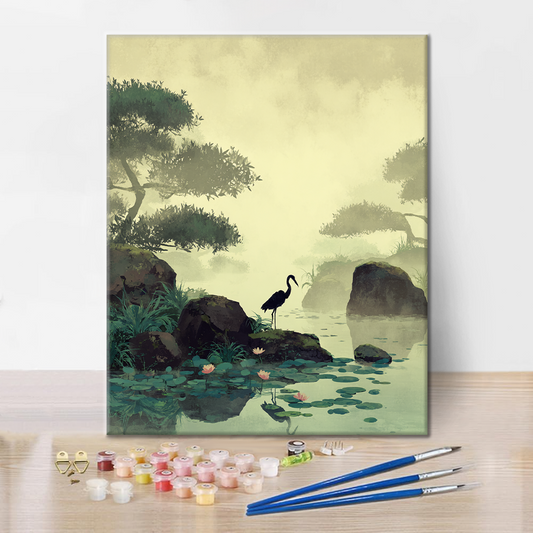Grue près de l'étang aux lotus - Peinture par numéros