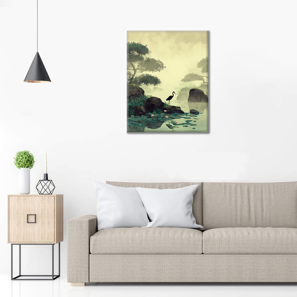 Grue près de l'étang aux lotus - Peinture par numéros