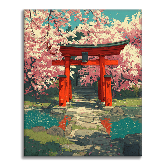 Torii en fleurs de cerisier - Peinture par numéros