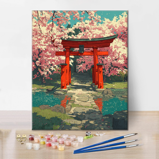 Torii en fleurs de cerisier - Peinture par numéros