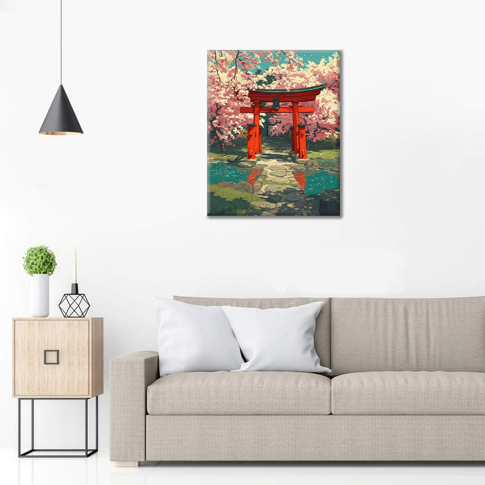 Torii en fleurs de cerisier - Peinture par numéros