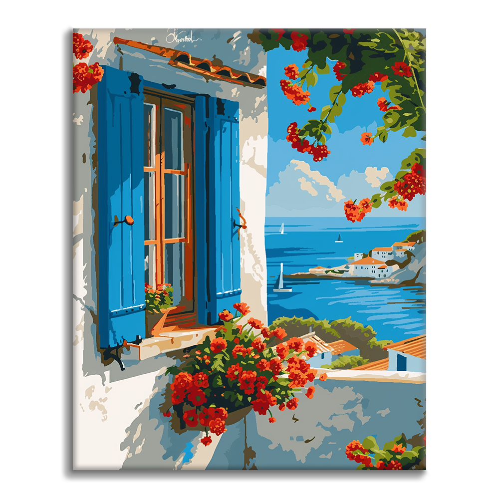 Fenêtre Bleue Bord de Mer - Peinture par Numéros