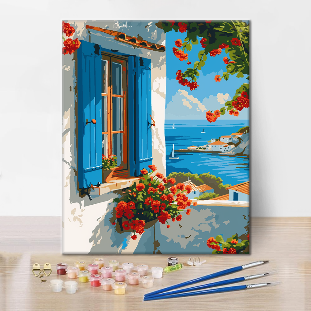 Fenêtre Bleue Bord de Mer - Peinture par Numéros