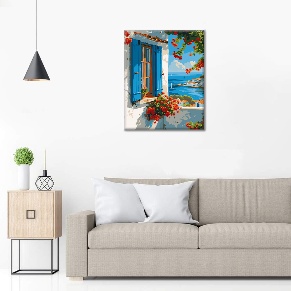 Fenêtre Bleue Bord de Mer - Peinture par Numéros