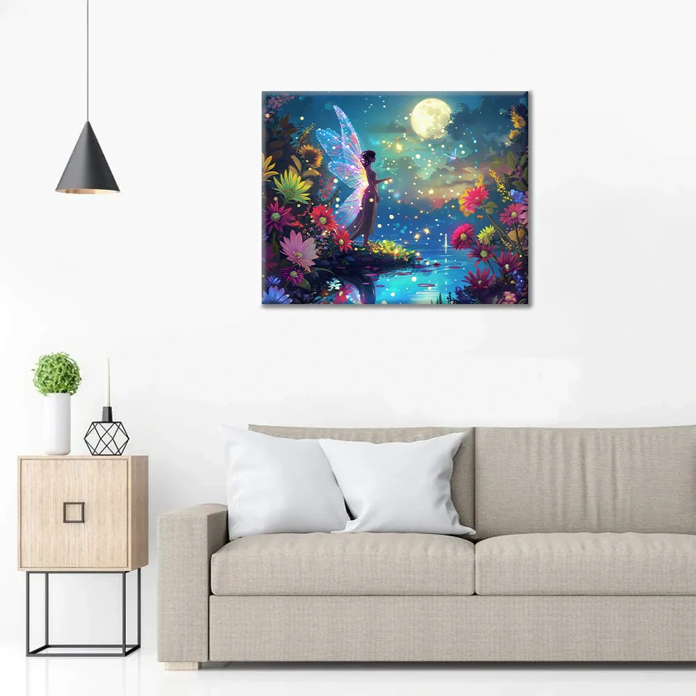 Fée au bord de l'étang au clair de lune - Peinture par numéros