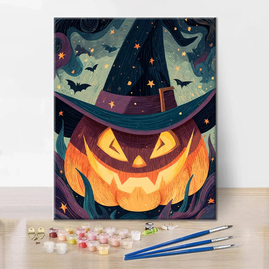 Citrouille d'Halloween avec un chapeau de sorcier - Peinture par numéros