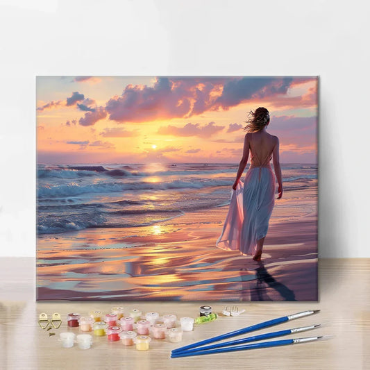 Promenade sur la plage au coucher du soleil - Peinture par numéros