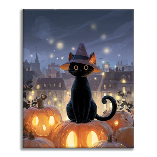 Chat sorcier assis sur une citrouille - Peinture par numéros