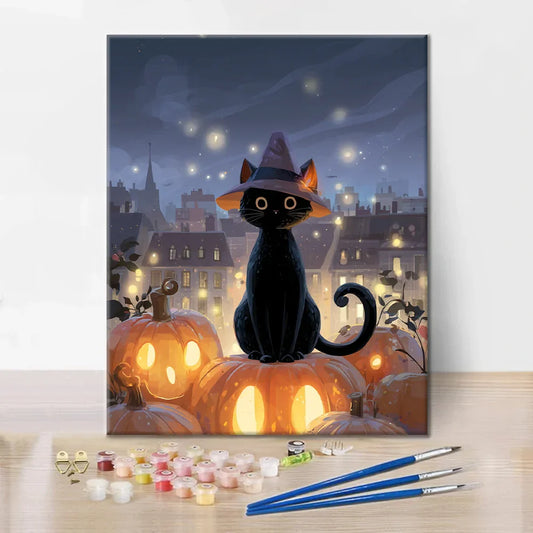 Chat sorcier assis sur une citrouille - Peinture par numéros