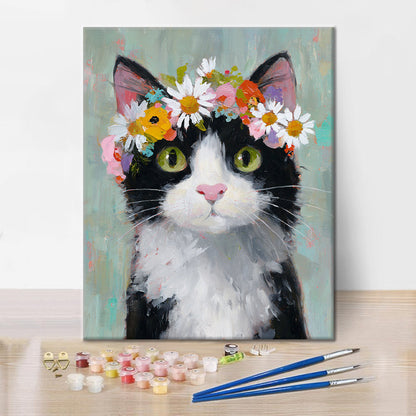 Un chat portant une couronne de fleurs - Peinture par numéros