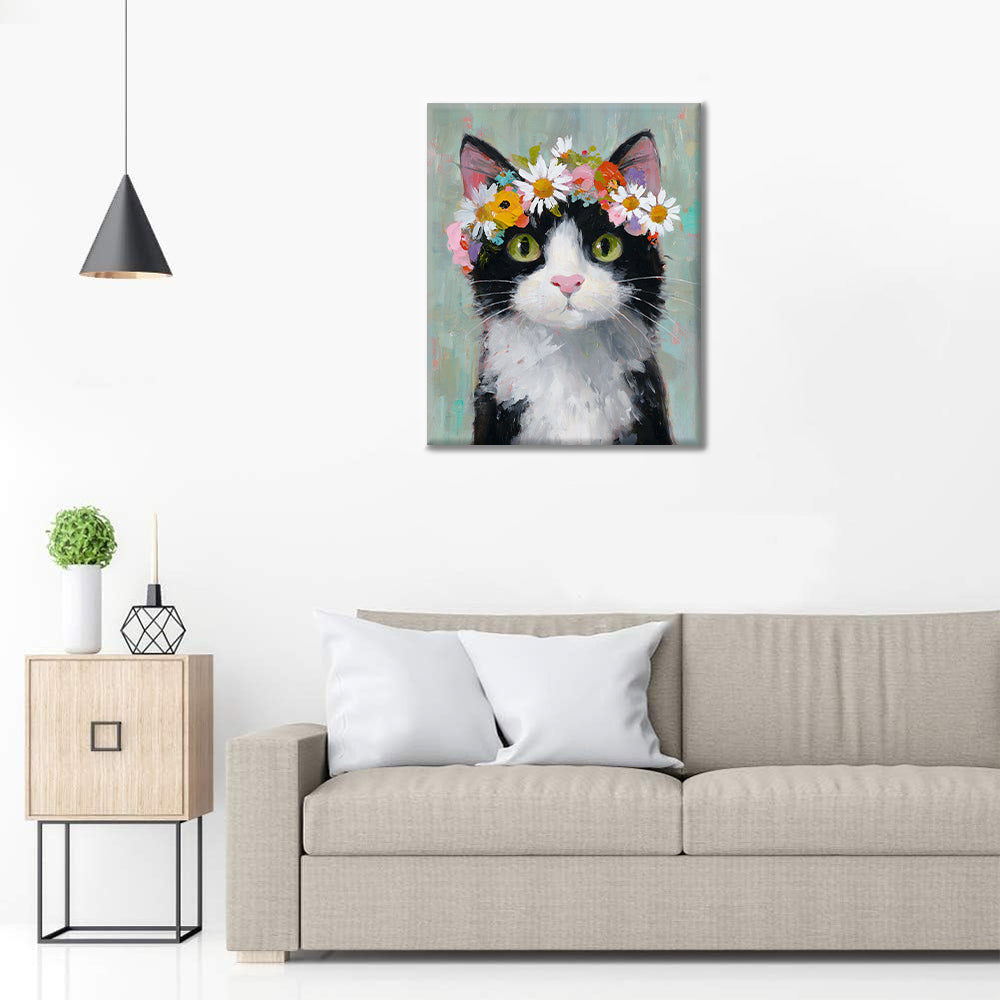 Un chat portant une couronne de fleurs - Peinture par numéros