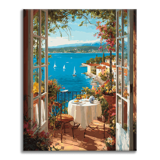 Vue sur la mer depuis la fenêtre. - Peinture par numéros