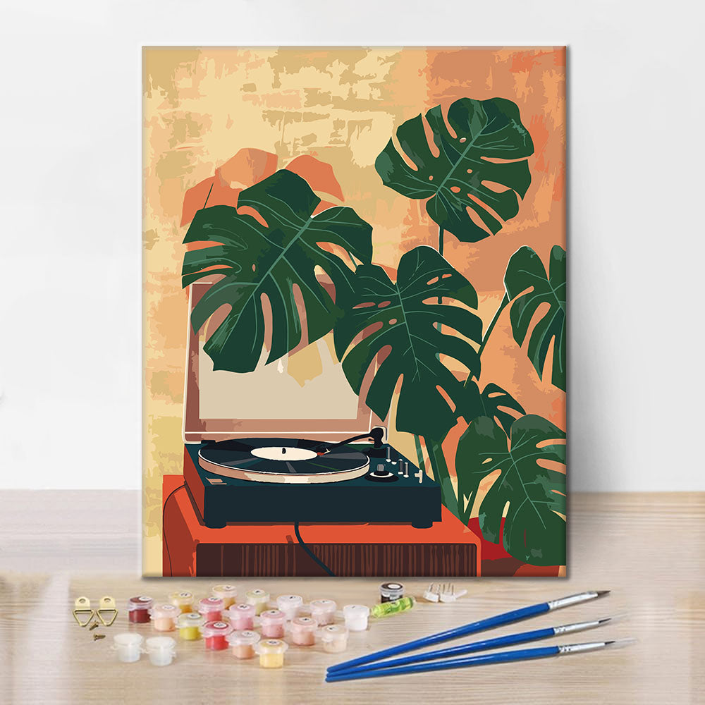 Gramophone et plantes vertes - Peinture par numéros