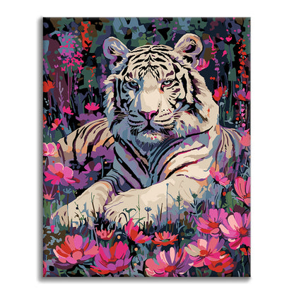Tigre blanc et fleurs - Peinture par numéros