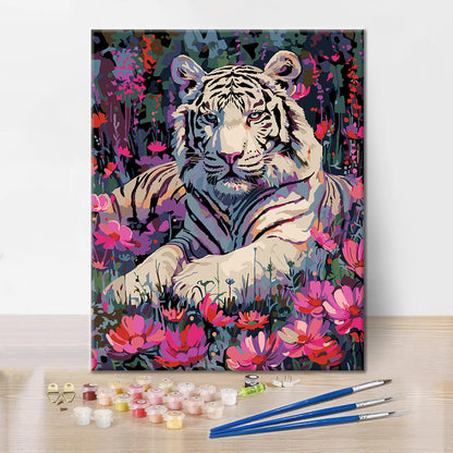 Tigre blanc et fleurs - Peinture par numéros