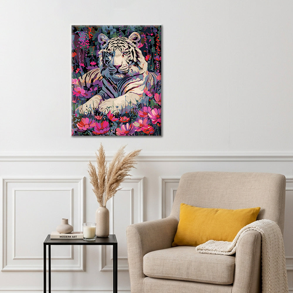Tigre blanc et fleurs - Peinture par numéros