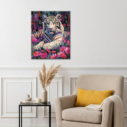Tigre blanc et fleurs - Peinture par numéros