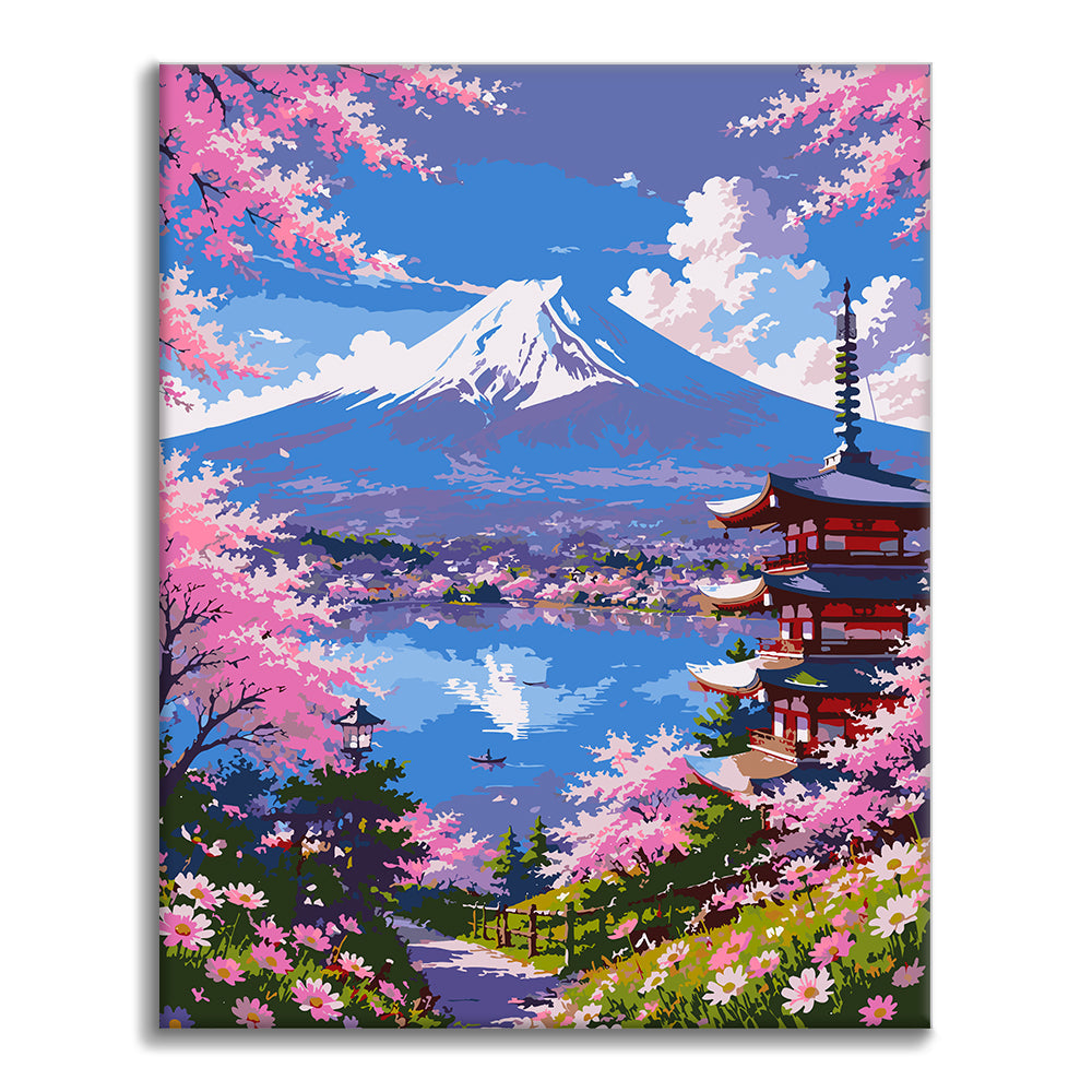 Vue sur les cerisiers en fleurs – Peinture par numéros