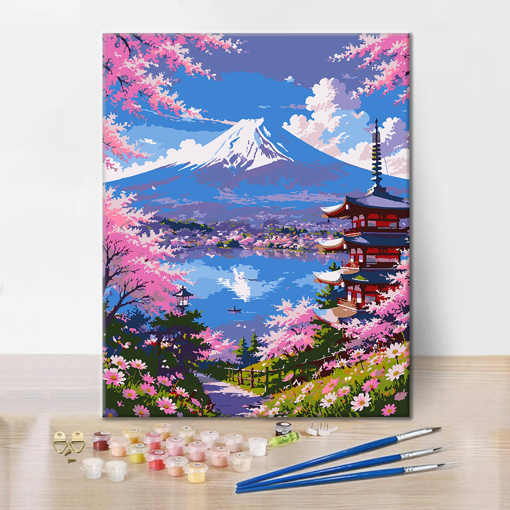 Vue sur les cerisiers en fleurs – Peinture par numéros