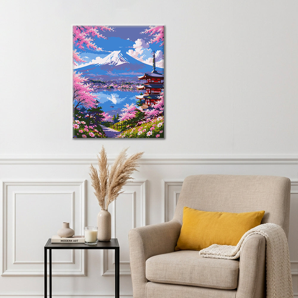 Vue sur les cerisiers en fleurs – Peinture par numéros