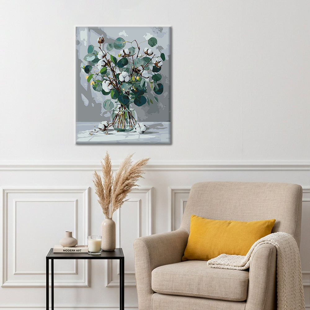Eucalyptus et coton blanc – Peinture par numéros