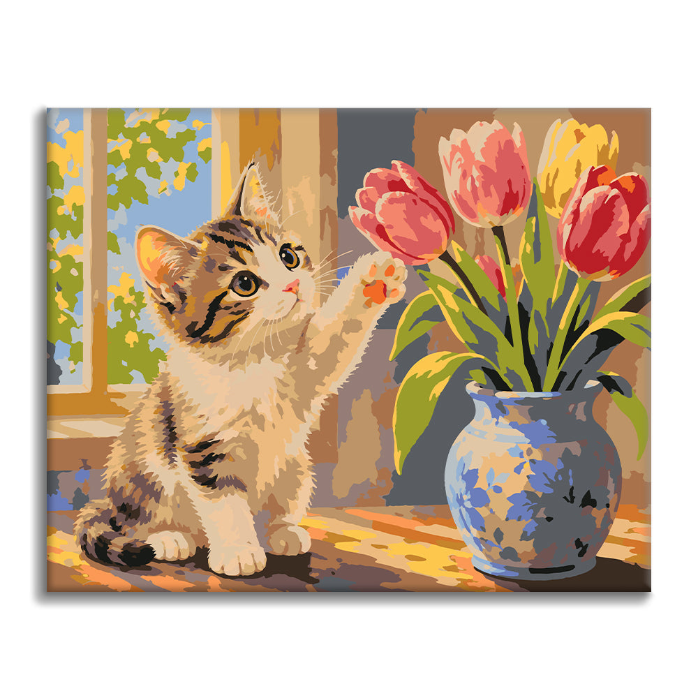 Chaton et tulipes – Peinture par numéros