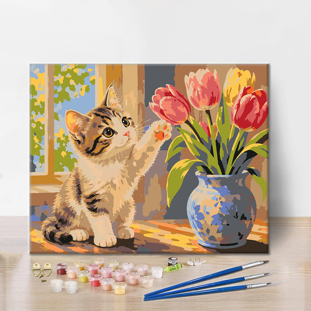 Chaton et tulipes – Peinture par numéros