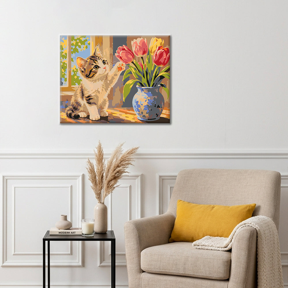 Chaton et tulipes – Peinture par numéros