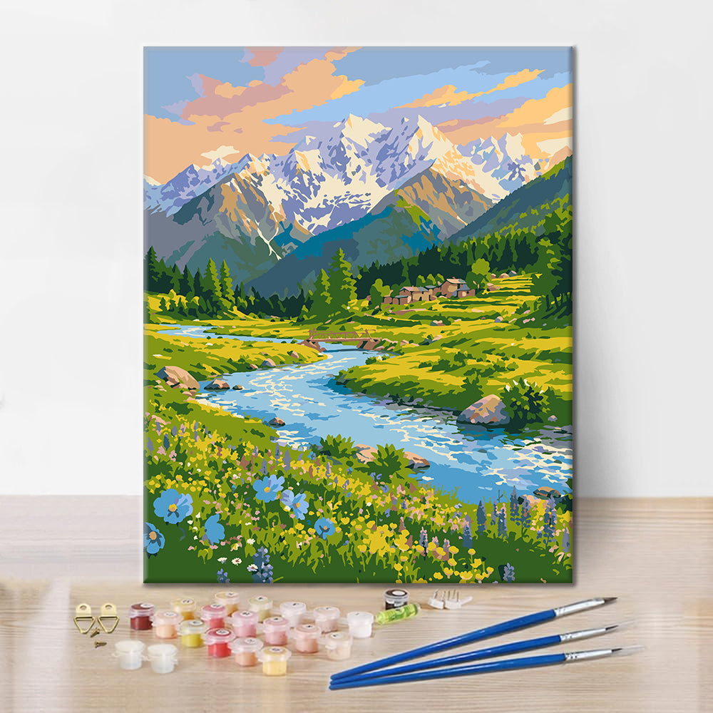 Ruisseau de montagne fleuri – Peinture par numéros