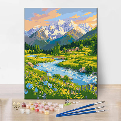 Ruisseau de montagne fleuri – Peinture par numéros