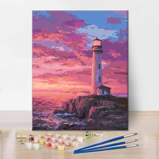Phare maritime au coucher du soleil – Peinture par numéros