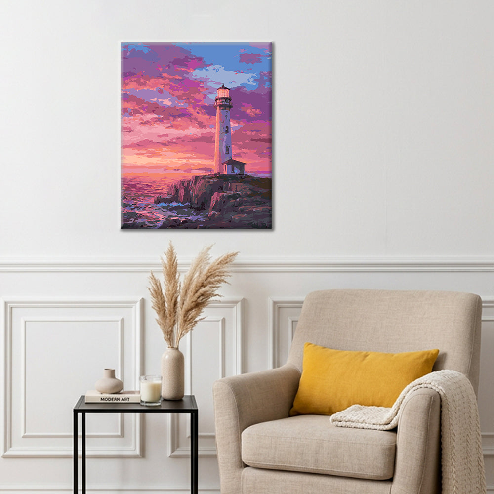 Phare maritime au coucher du soleil – Peinture par numéros