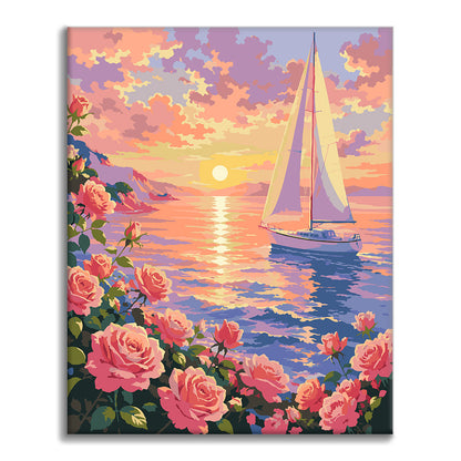 Champ de fleurs au coucher du soleil – Peinture par numéros