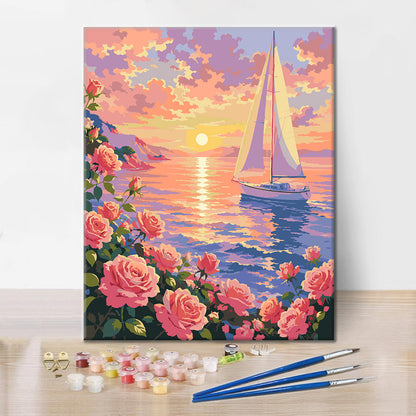 Champ de fleurs au coucher du soleil – Peinture par numéros