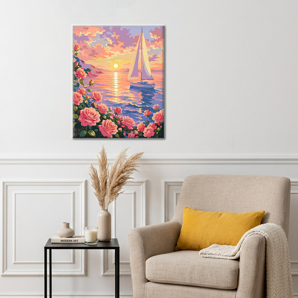 Champ de fleurs au coucher du soleil – Peinture par numéros