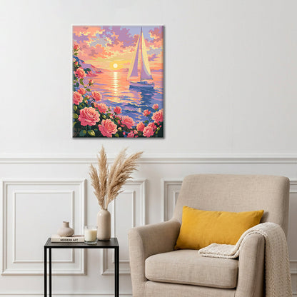 Champ de fleurs au coucher du soleil – Peinture par numéros