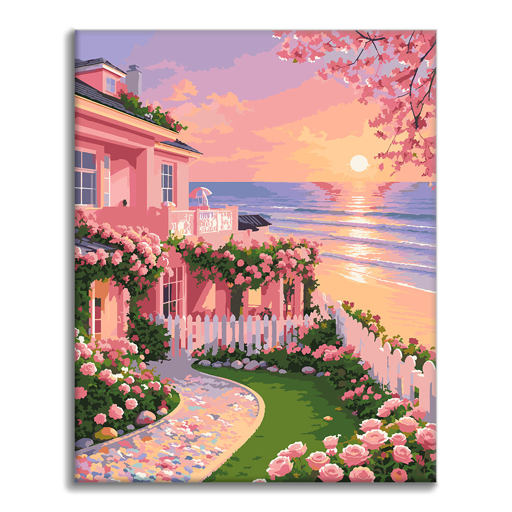 Cottage de jardin au coucher du soleil – Peinture par numéros
