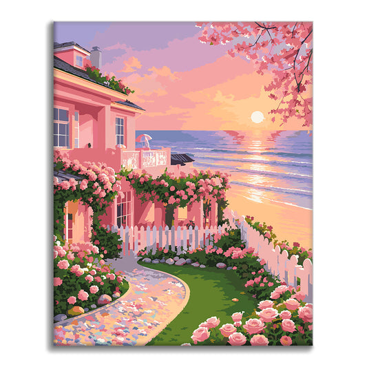 Cottage de jardin au coucher du soleil – Peinture par numéros