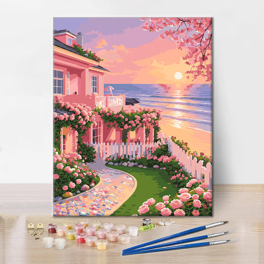Cottage de jardin au coucher du soleil – Peinture par numéros