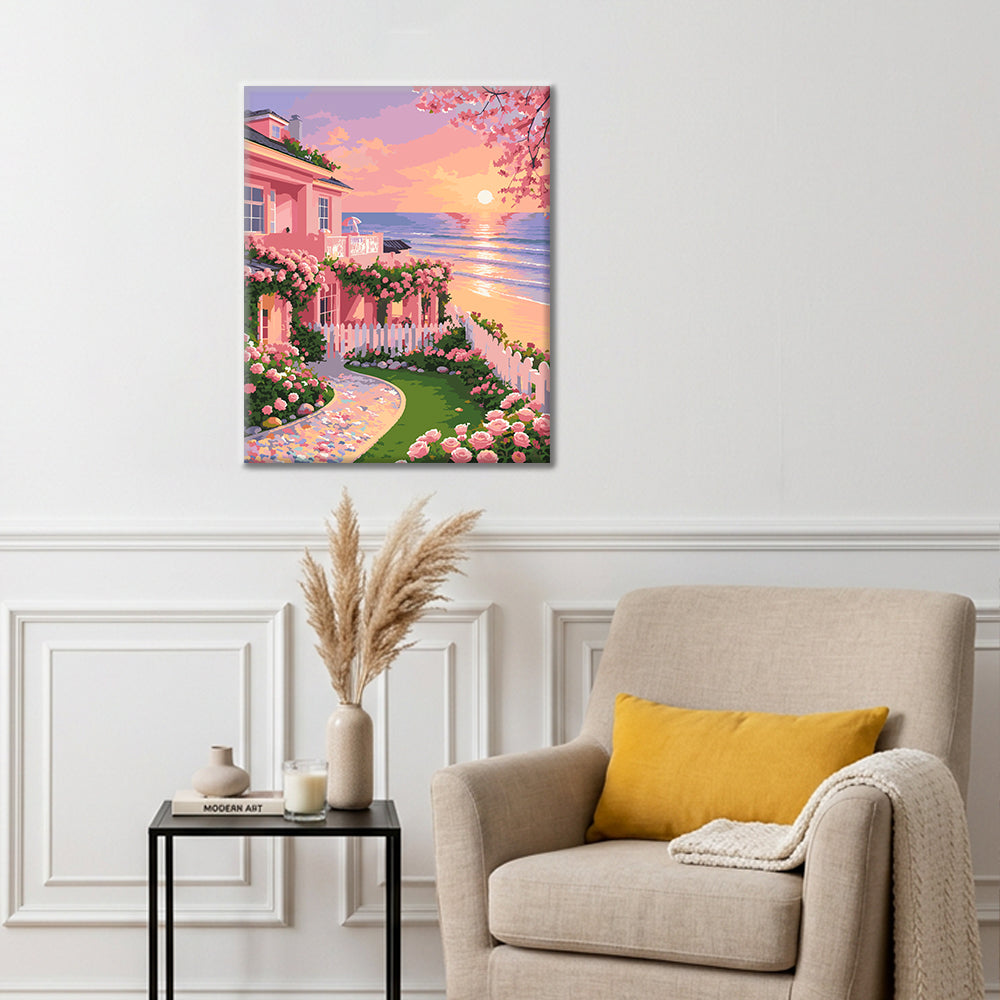 Cottage de jardin au coucher du soleil – Peinture par numéros